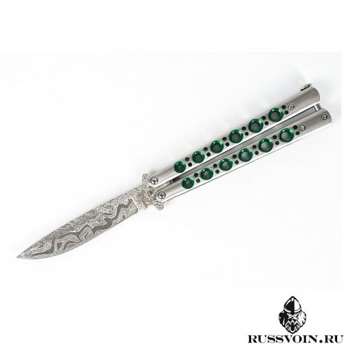 Нож-бабочка (Балисонг) Зеленый Дамаск