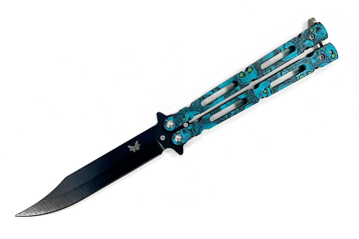 Нож-бабочка Синий Череп с вырезом
